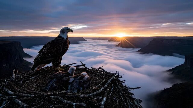 Bald eagle perches on its nest with two chicks, overseeing a breathtaking mountain landscape above clouds at sunrise. Perfect for nature documentaries, conservation, and inspirational projects.
