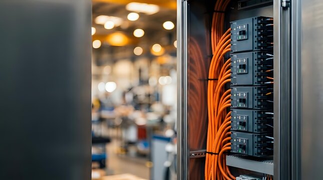 Network server rack with orange ethernet cables in modern data center with blurred office background showing IT infrastructure and connectivity.