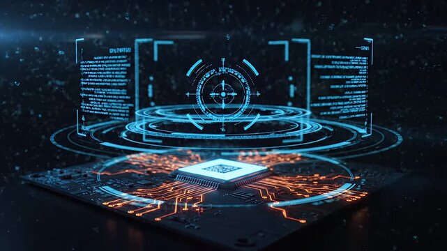 Cinematic Advanced Holographic Tactical HUD with Glowing CPU Circuit Board Animation 4K
