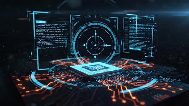 Cinematic Futuristic Digital Interface and Pulsing Microchip Data Stream Sequence 4k
