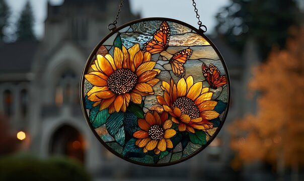 Round stained glass suncatcher with sunflowers and monarch butterflies