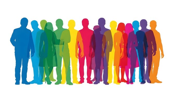 A vibrant illustration showcasing a diverse group of transparent, colorful human silhouettes standing together, symbolizing unity, community, and the collective strength of different individuals colla