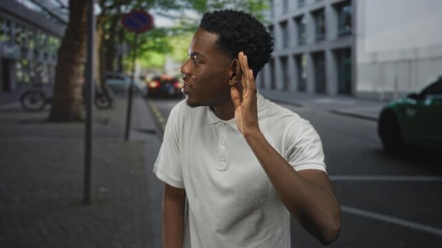 Man holds hand to ear on city sidewalk along street lined with tall buildings and green trees and parked cars; curiosity.