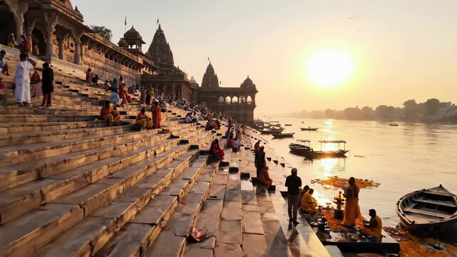Varanasi Sunset Holy Ganges River, Temples and People at Dusk, India