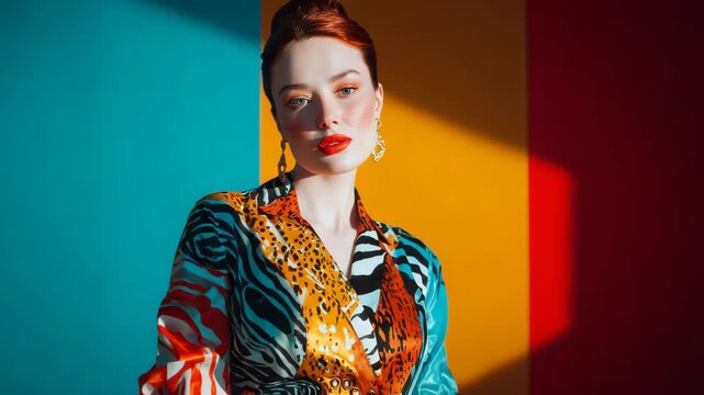 Fashionable woman with bold makeup and animal print clothing posing against colorful backdrop