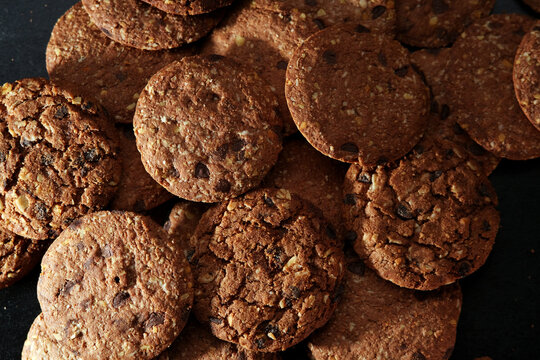 Close up texture of freshly baked chocolate chip cookies