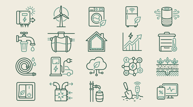 Eco-friendly line icons for renewable energy, smart home, and sustainable resource management solutions.