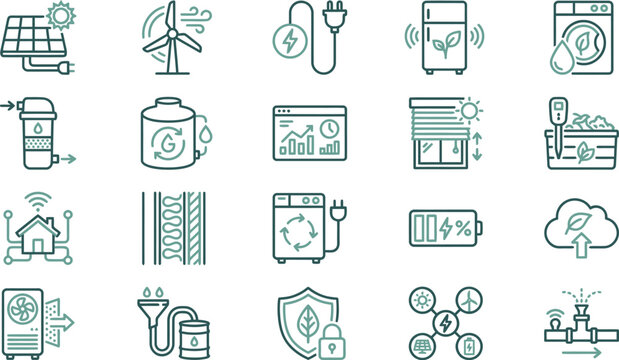 Collection of modern line icons representing sustainable energy, water conservation, and smart home technology.