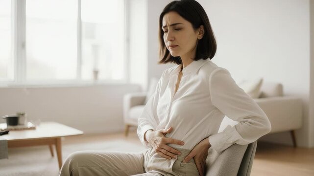 Young woman sits at home holding her stomach and lower back in pain, showing abdominal cramps and discomfort as a concept for digestive issues, period pain and healthcare.