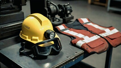 Fototapeta premium Helmet Goggles and Reflective Vest on Metal Table