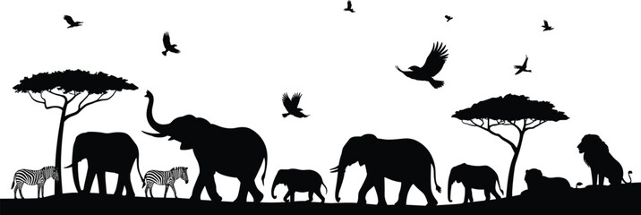 African savanna wildlife silhouette, elephants zebras lions birds acacia trees, biodiversity nature ecosystem illustration, peaceful landscape environment art design © Its Butterfly