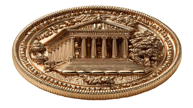 Roman gold solidus in detail, detailed depiction of a temple on the reverse, isolated on white background