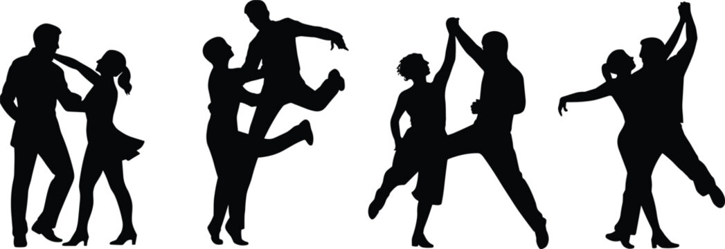 Silhouette of dancing couples performing energetic partner dance moves, social dance celebration, isolated black figures on white background