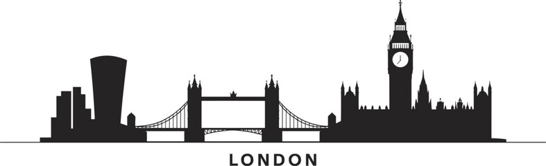 Obraz premium London skyline silhouette with Tower Bridge, Big Ben, Walkie Talkie building, symbolizing architecture, culture, travel, tourism, historic and modern city illustration