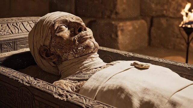 Mummified figure in ornate coffin