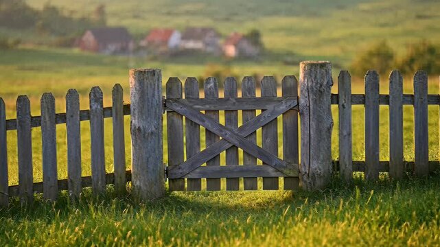 Rustic wooden fence with swinging gates opening to a bright green meadow and rural village backdrop in a cinematic animation, ideal for countryside real estate backgrounds.