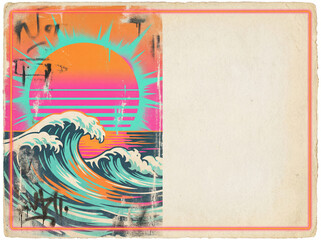 Retrowave big sun and ocean waves with space on vintage paper
