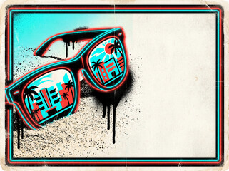 Neon sunglasses reflect a city and palm trees on the beach sand
