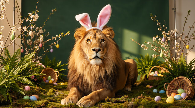 Lion wearing bunny ears for Easter celebration. Funny animal portrait with colorful eggs and spring blossoms on green background
