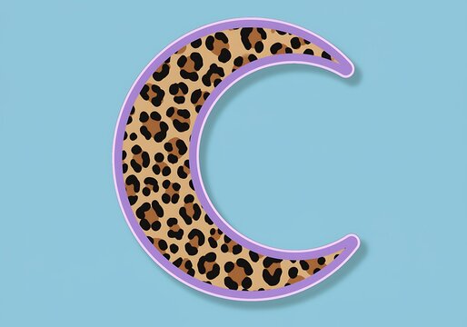 Leopard print crescent moon shape with purple border on blue background