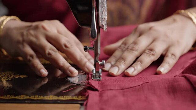 Hands sewing fabric with machine
