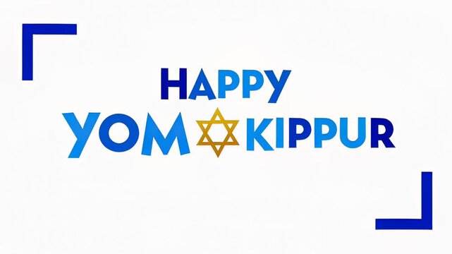 Blue animated text spelling Happy Yom Kippur with a gold Star of David against a clean white background, providing copy space for Jewish holiday greeting cards and religious presentations.