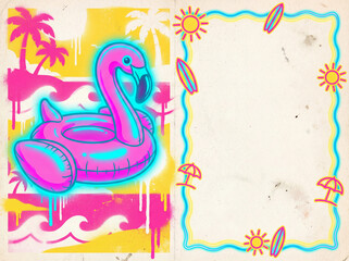 Neon pink flamingo float with tropical graffiti and summer frame