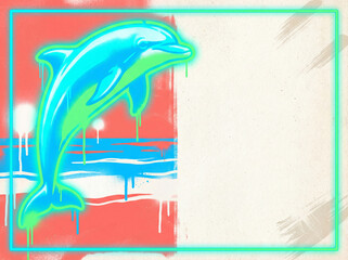 Neon dolphin leaping from spray paint water background