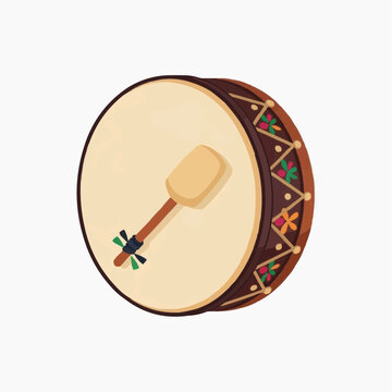 Traditional Ramadan drum with beater, decorated with ethnic patterns.