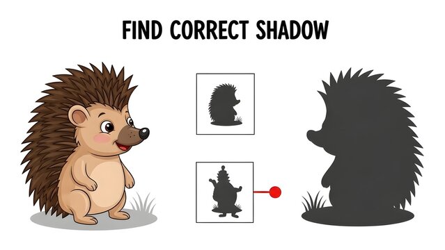 A cartoon hedgehog standing on grass with its shadow displayed alongside three shadow options to identify the correct silhouette