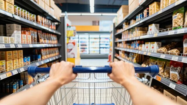 First-person view of a person pushing a shopping trolley through a supermarket grocery aisle.