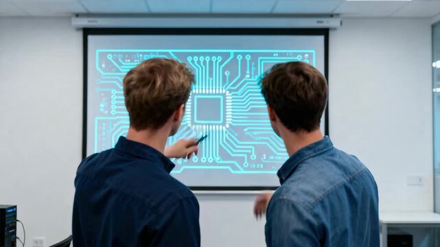 Two professional engineers analyzing a microchip circuit diagram on a large projector screen.