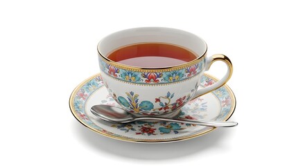 Fototapeta premium Elegant Floral Tea Cup with Saucer on White Background