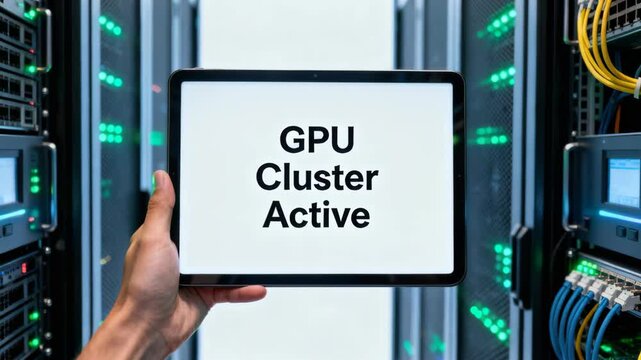 Hand holding a digital tablet in a server room with text GPU Cluster Active on the screen.
