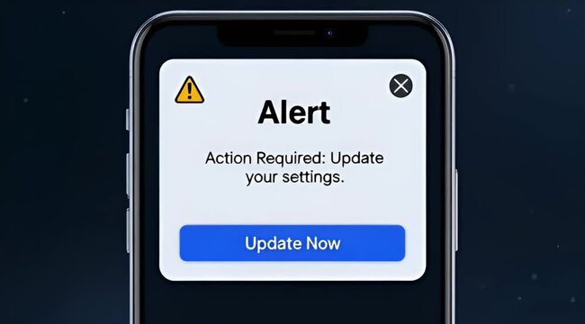 Modern Mobile Phone Displaying a System Update Alert with Update Now Button