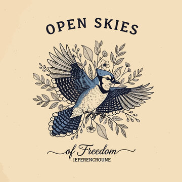 Blue Jay in Flight with Botanical Elements.