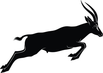 Obraz premium Black Silhouette of a Wild Antelope Jumping in Mid Air Impala or Gazelle Action Pose for Wildlife Nature Conservation and Safari Branding