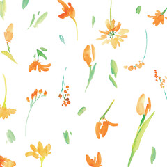 Obraz premium 水彩画。水彩タッチの黄色い花イラストセット。黄色いチューリップのベクター植物背景。