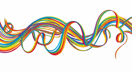 Abstraktes Muster aus dynamischen, wellenf&ouml;rmigen Linien in leuchtenden Regenbogenfarben auf wei&szlig;em Hintergrund.