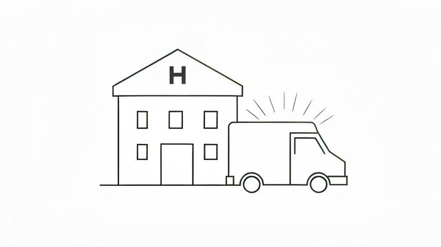 Simple black thin line 2D animation of an ambulance with flashing lights at a hospital, illustrating emergency healthcare and urgent medical transportation concepts.