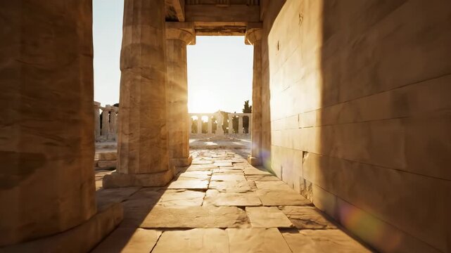 Ancient Greek Temple Entrance Sunlight Through Columns, Architecture, History