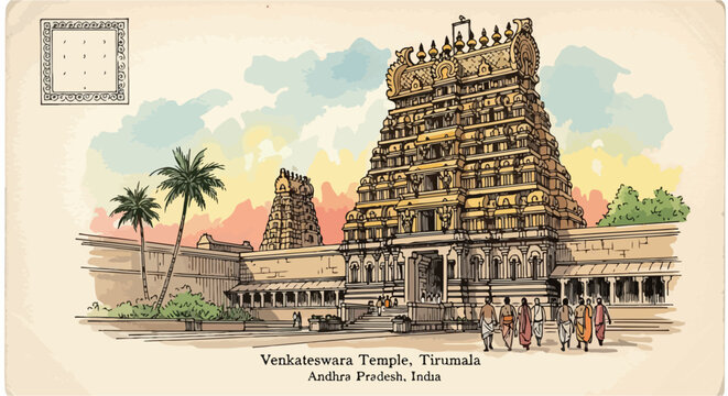 K&uuml;nstlerische Illustration des Venkateswara-Tempels in Tirumala, Indien, mit seiner beeindruckenden traditionellen Architektur und kulturellen Bedeutung.