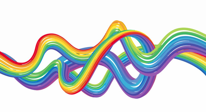 Abstrakte, bunte Wellenlinien in Regenbogenfarben flie&szlig;en dynamisch &uuml;ber einen wei&szlig;en Hintergrund und symbolisieren Kreativit&auml;t und Vielfalt.
