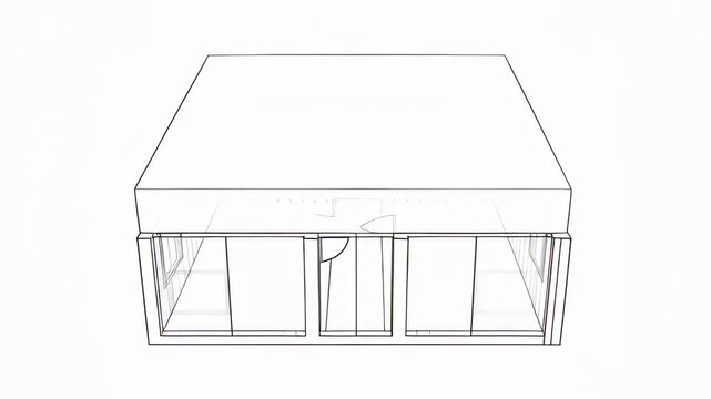 Minimalist black line drawing of a building floor plan in a 3D animation, revealing interior layout and furniture on a white background, ideal for architectural presentations.