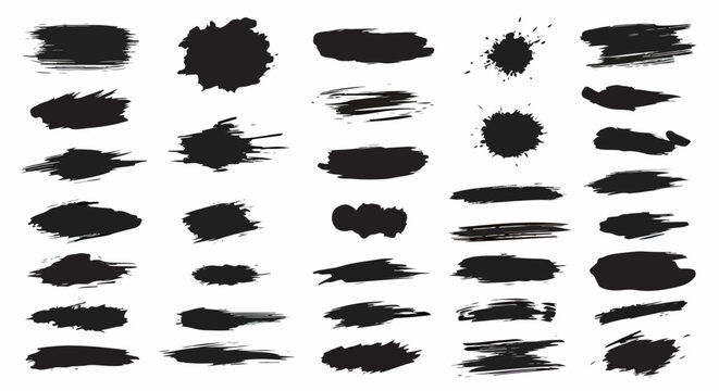Umfassende Sammlung schwarzer Pinselstriche, Farbspritzer und Tintenflecken f&uuml;r kreative Grunge-Design-Projekte, ideal als abstrakte grafische Elemente.