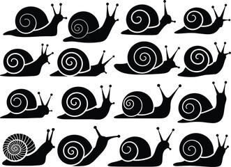 Snail silhouette illustration, black snail icons, spiral shell vector, animal clipart design, snail pattern artwork, nature graphic collection, snail drawing © Its Butterfly