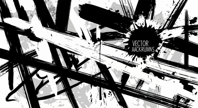 Abstrakter Grunge-Hintergrund mit dynamischen schwarzen Pinselstrichen und Farbspritzern auf wei&szlig;er Fl&auml;che, ideal f&uuml;r moderne Designs.