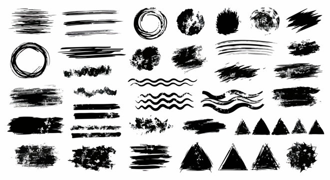 Gro&szlig;e Sammlung handgezeichneter schwarzer Pinselstriche, Grunge-Texturen, Kreise, Linien, Wellen und Dreiecke f&uuml;r kreatives Grafikdesign und k&uuml;nstlerische Projekte.