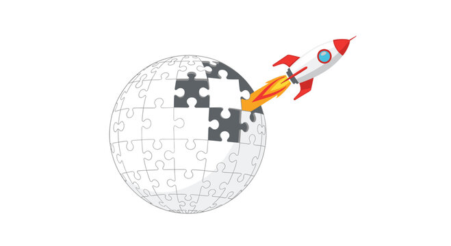 A white rocket with red accents launches from the side of a spherical puzzle globe against a plain white background.