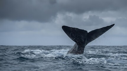 Fototapeta premium Humpback whale tail fluke emerging from ocean waters under dramatic stormy sky. Marine wildlife photography capturing majestic sea mammal behavior in natural habitat.